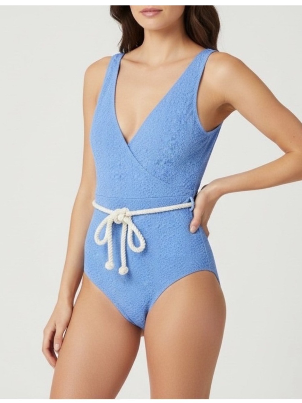 NWT Lisa Marie Fernandez Blue Yasmin Drawstring Seersucker One Piece Swimsuit XS